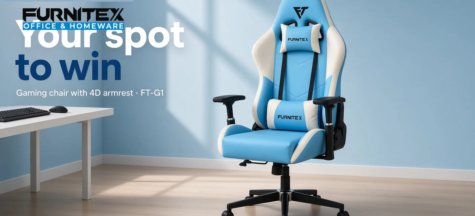 Furnitex FT-G1 sky blue gaming chair with 4D armrest