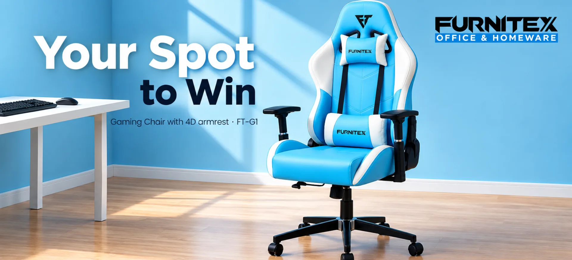Furnitex FT-G1 sky blue gaming chair with 4D armrest
