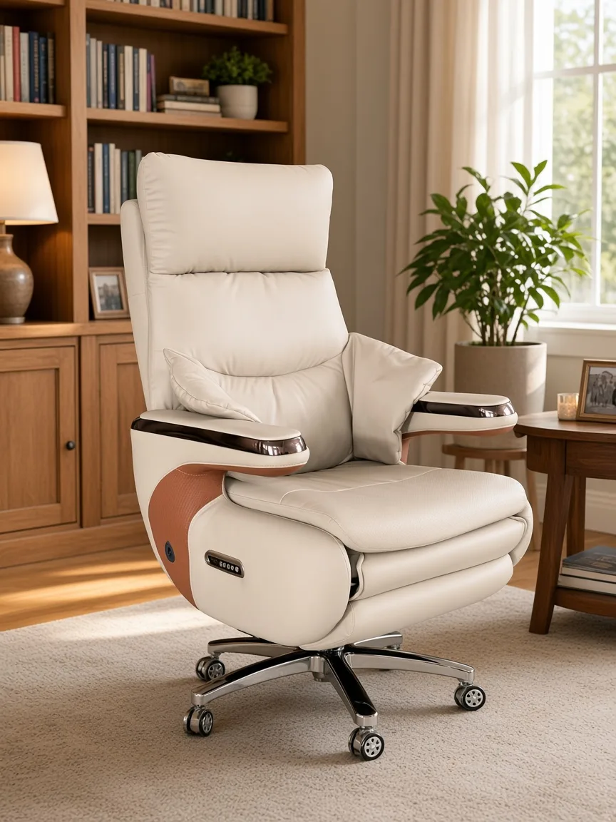 Wavex AR13 light gray boss chair in a warm home study with oak bookshelves
