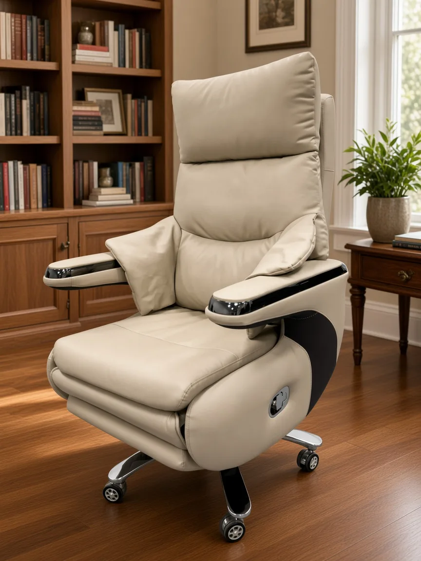 Wavex AR13 beige boss chair in a warm home study with oak bookshelves