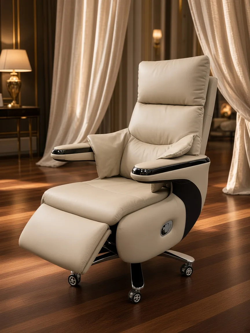 Wavex AR13 beige office massage chair reclined with footrest extended